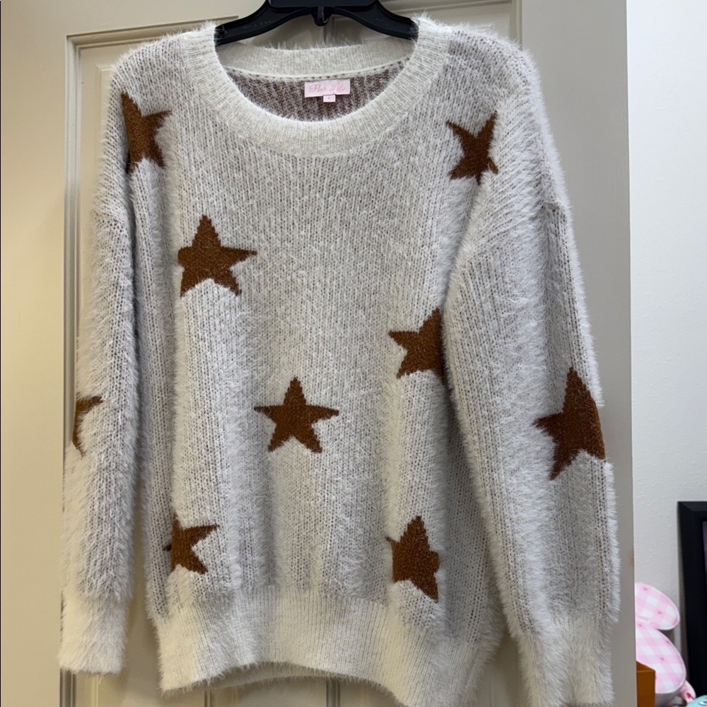 Pink Lily Starry Knit Sweater - White and Brown